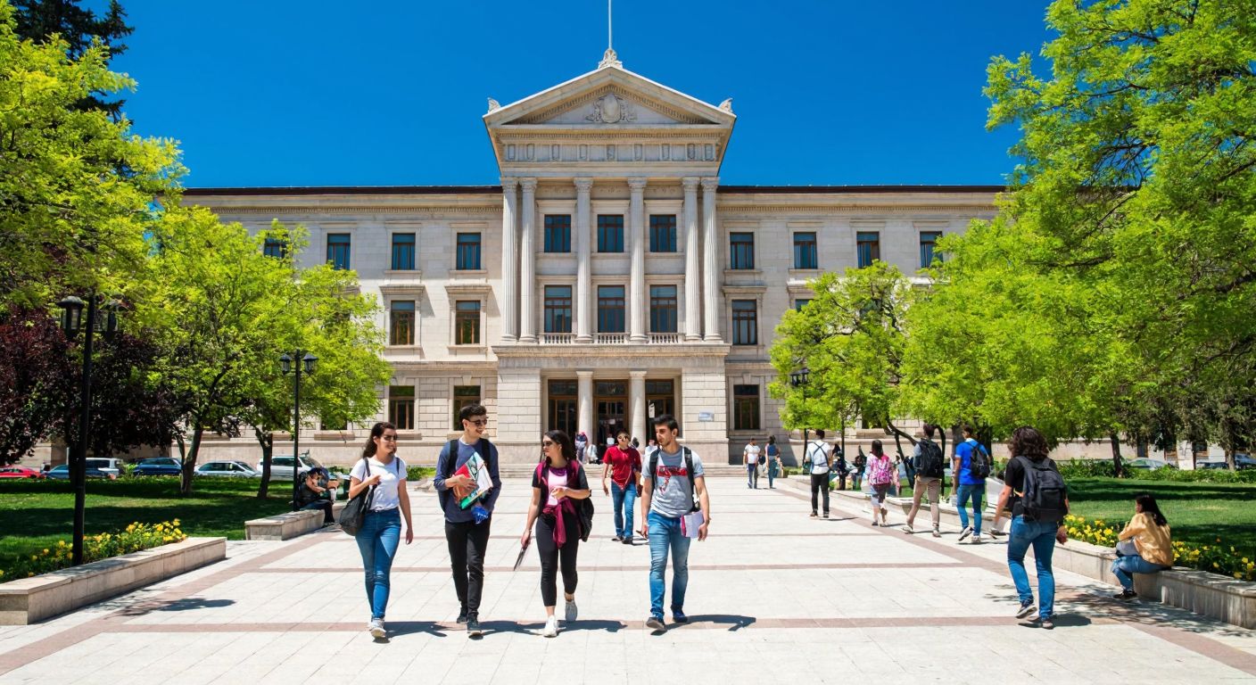 A historic university building in Ankara with students walking by, holding books and backpacks, under a clear blue sky, evoking a sense of academic tradition and youthful energy.