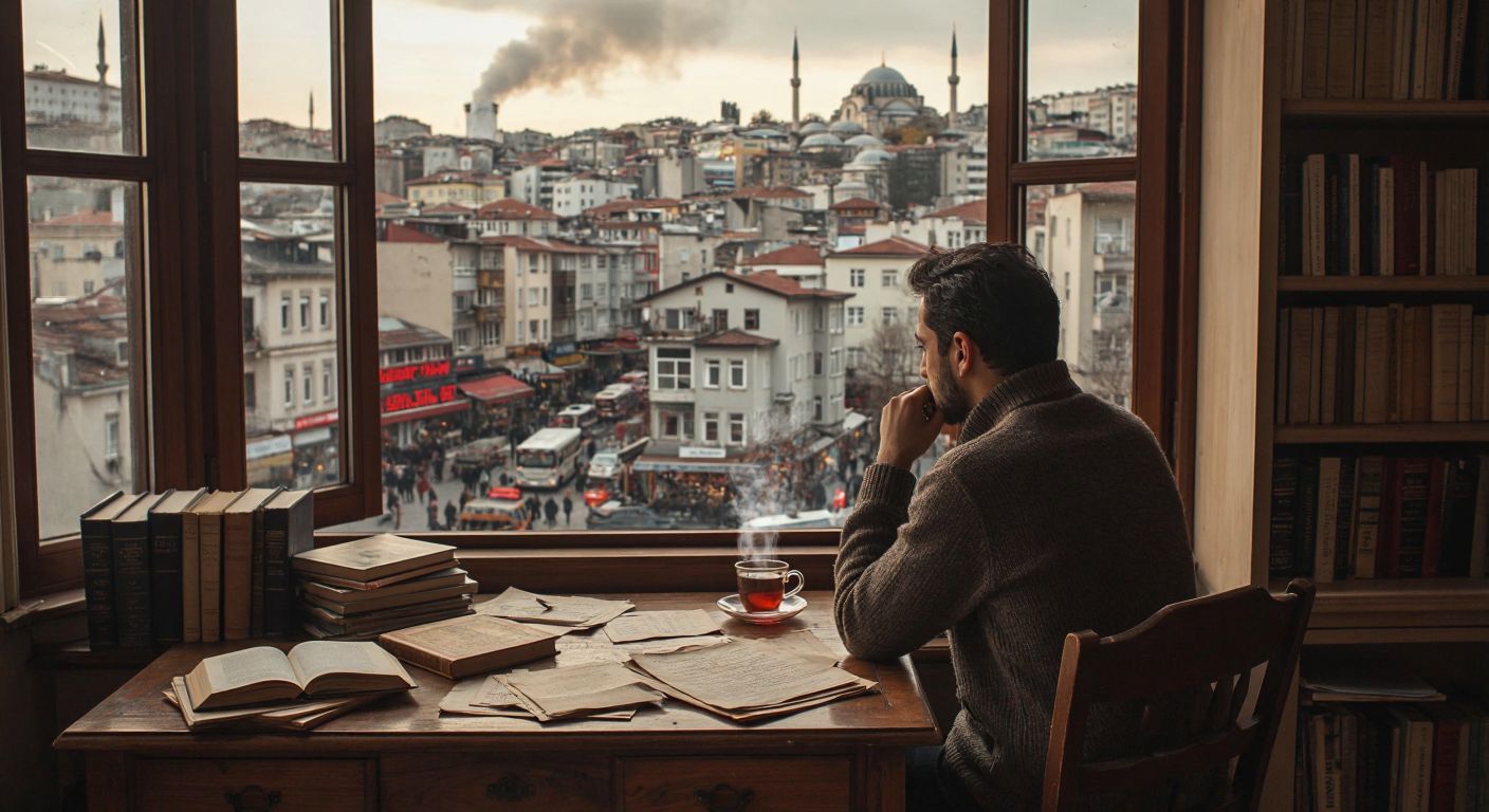 A thoughtful Turkish writer sitting at a wooden desk by a window, surrounded by books, a steaming cup of çay, and scattered papers, gazing out at a bustling Istanbul street while reflecting on life, love, and philosophy.
