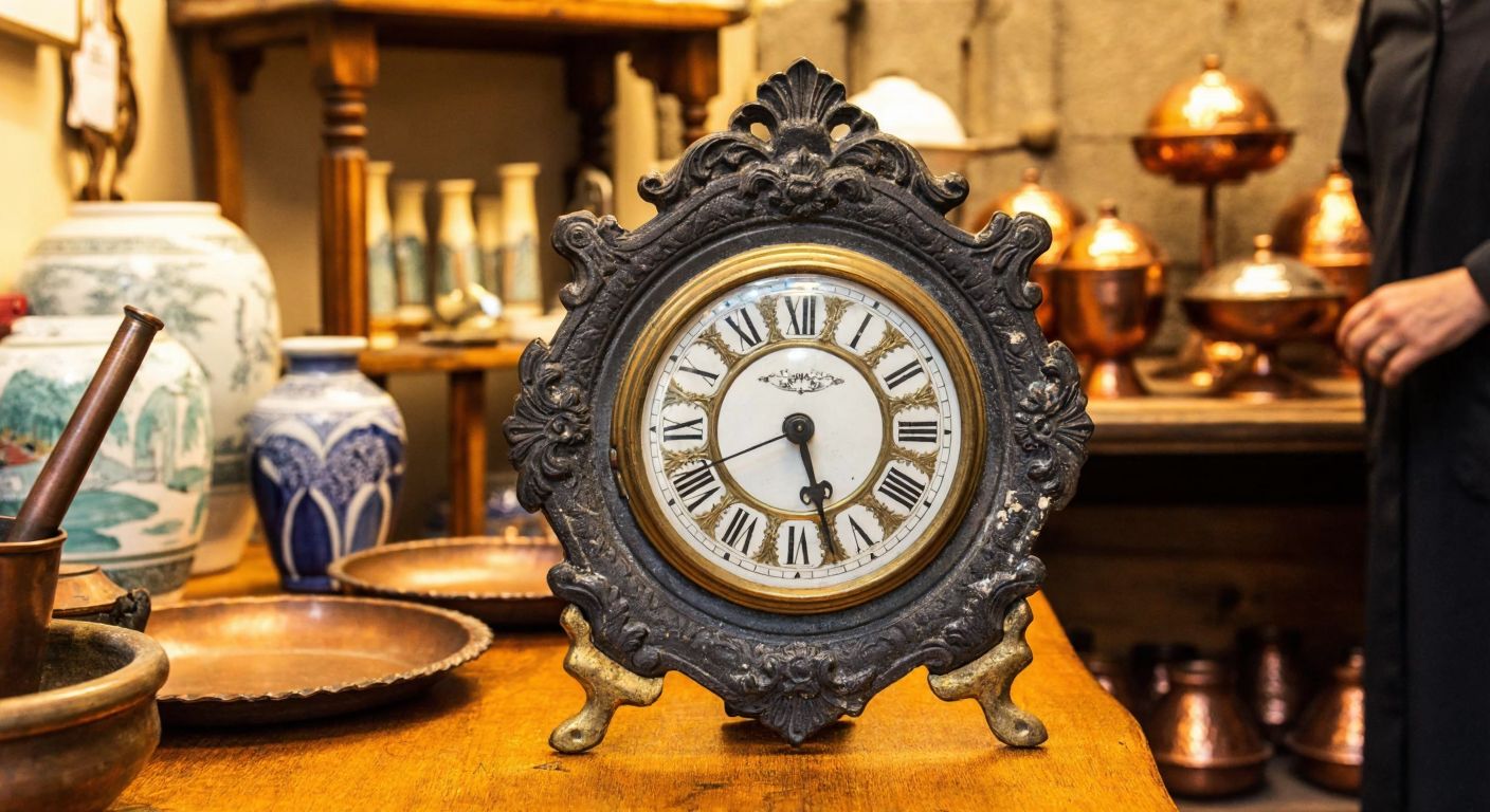 A weathered, ornate antique wall clock with intricate brass details rests on a wooden table in a warmly lit Turkish antique shop, surrounded by vintage items like ceramic vases and copper trays, while a shopkeeper in traditional attire carefully examines its craftsmanship.