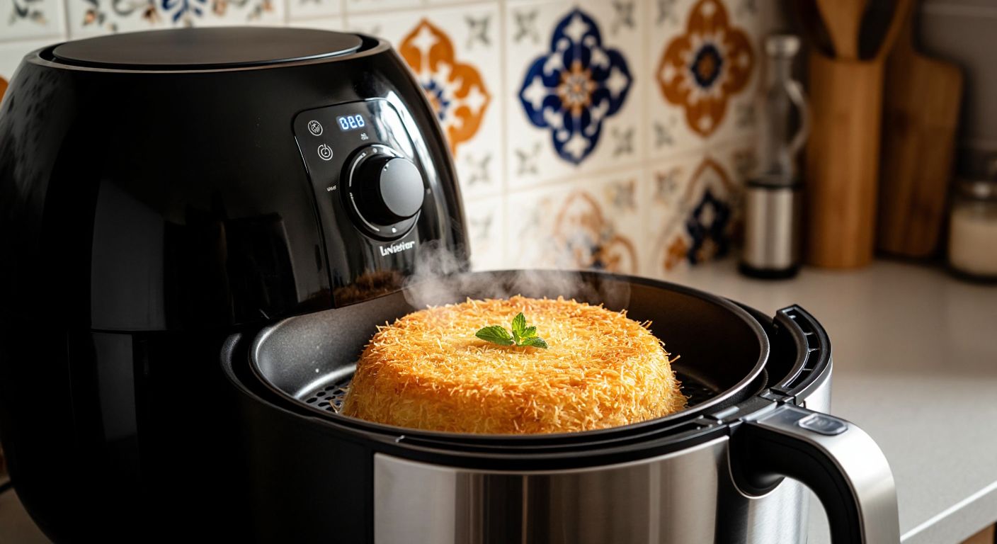 A golden-brown kadayıf dessert sits inside a modern air fryer, with steam rising and a warm kitchen backdrop featuring Turkish ceramic tiles.