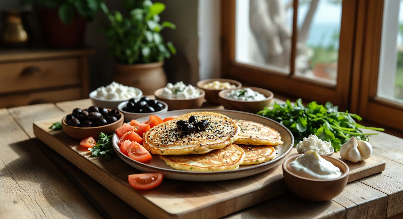 A rustic wooden table in a sunlit Turkish kitchen holds a plate of golden savory pancakes topped with sesame seeds, surrounded by small bowls of white cheese, black olives, sliced tomatoes, green onions, and a dollop of creamy labneh.