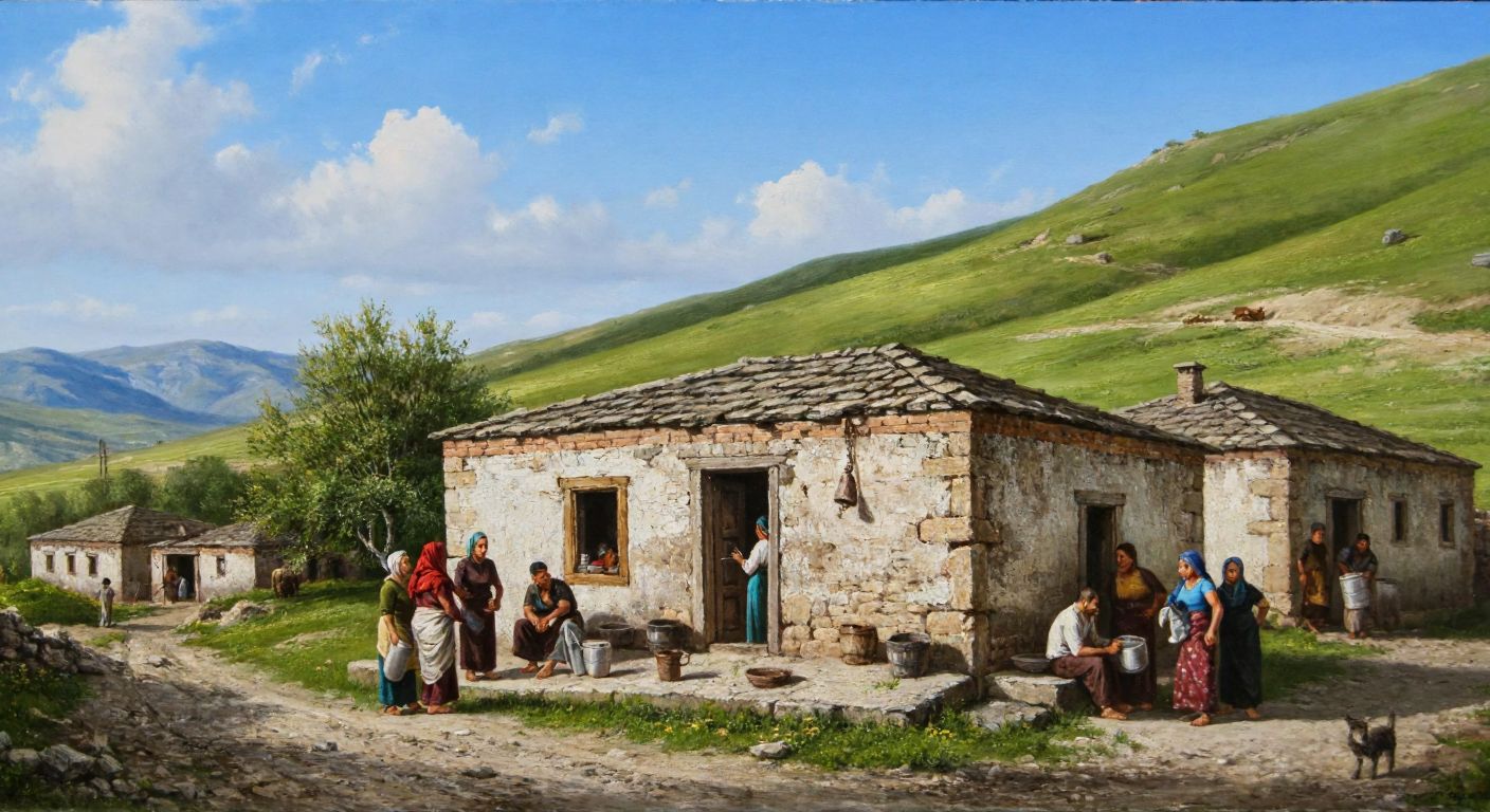 A rustic Turkish village scene with a modest communal bathhouse made of weathered stone, villagers chatting warmly outside while carrying towels and buckets, surrounded by rolling green hills and a clear blue sky.
