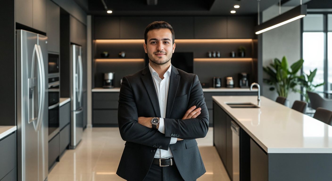 A modern Turkish corporate office with sleek appliances in the background, featuring a confident executive in a suit standing beside a Koç Holding logo, exuding professionalism and trust.