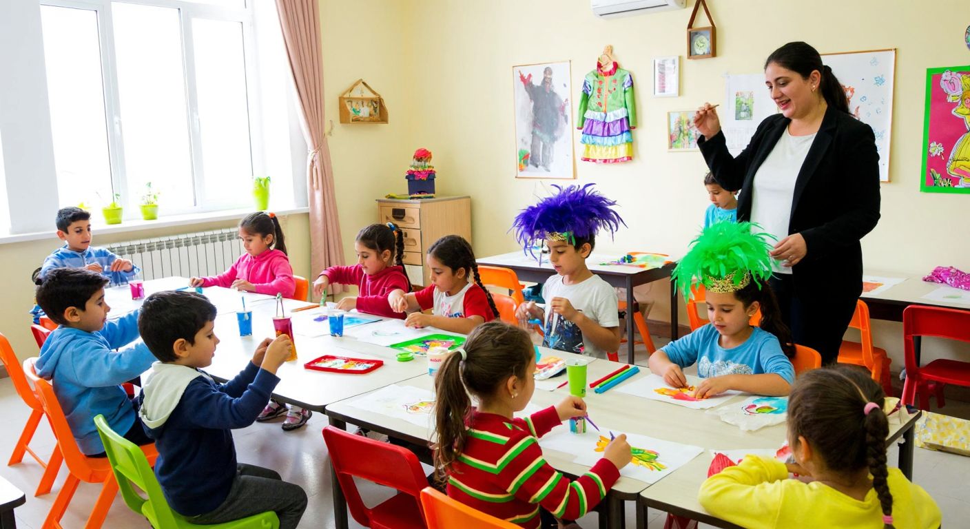 A vibrant classroom in Turkey filled with young children joyfully crafting colorful costumes from paper, fabric, and paint, with a teacher guiding them as they proudly display their imaginative designs.