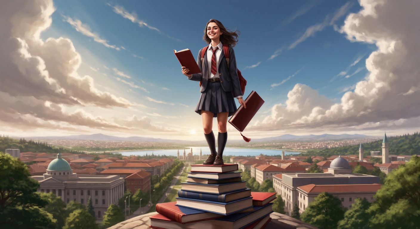 A determined Turkish student in a high school uniform stands proudly atop a stack of books, holding a diploma while gazing toward a distant university campus with a confident smile.