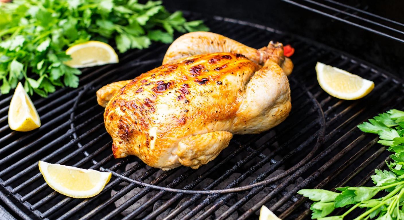 A golden-brown, butterflied chicken breast sizzling on a charcoal grill, surrounded by fresh herbs and lemon wedges, evoking the rich flavors of Turkish cuisine.