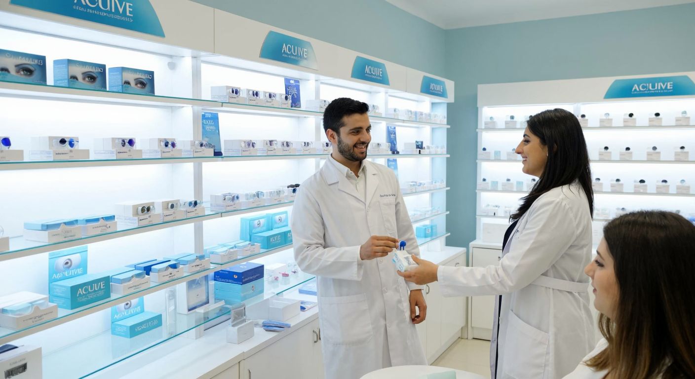 A well-lit optician's shop in Turkey with neatly displayed Acuvue contact lens boxes on glass shelves, a smiling optician in a white coat assisting a customer.