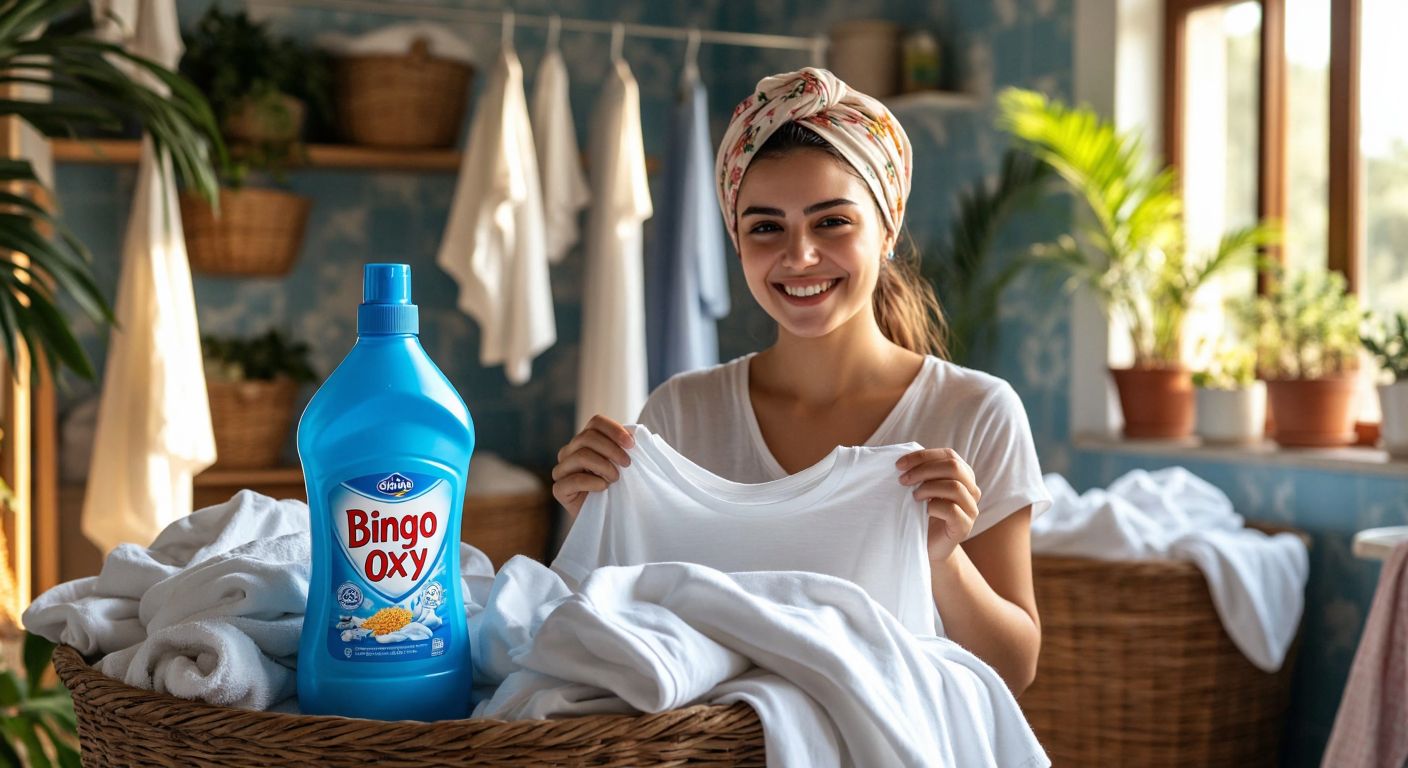 A bright blue bottle of Bingo Oxy bleach sits beside a pile of freshly washed white laundry in a sunlit Turkish laundry room, with a smiling woman in a floral headscarf holding up a spotless white shirt.