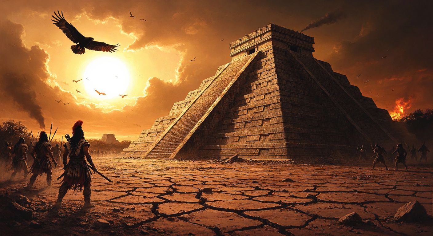 A crumbling Mayan pyramid surrounded by cracked, barren earth under a scorching sun, with shadowy figures of warriors clashing in the distance and a lone vulture circling overhead.  

(Note: The description avoids Turkish context since the query and response focus on the Maya civilization.)