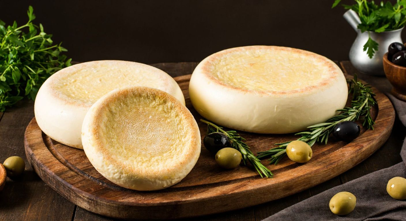 A rustic wooden table in Hatay holds three round, golden-brown lavaş peyniri wheels, each with a distinct texture, surrounded by fresh herbs and olives, evoking warmth and tradition.