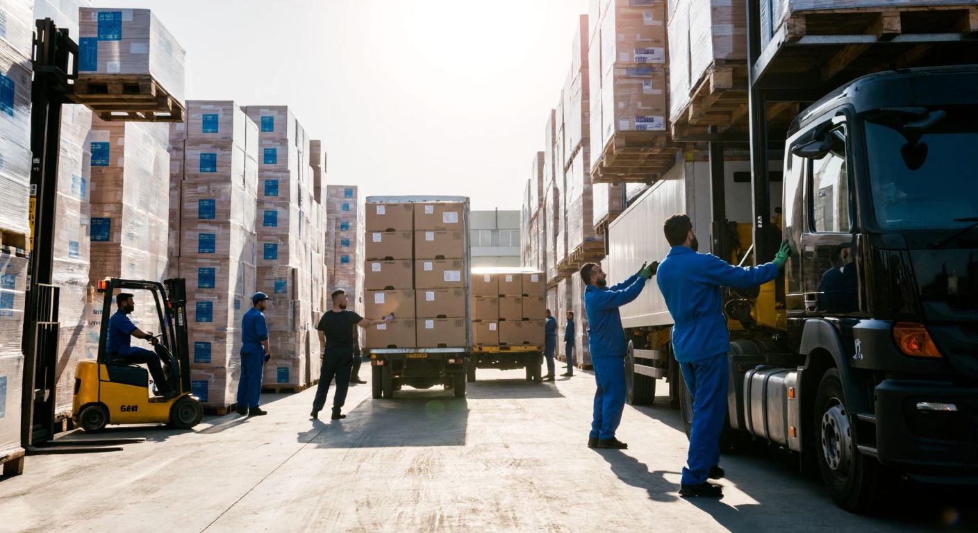 A bustling warehouse in Istanbul with workers in blue uniforms loading boxes onto trucks under a bright sun, surrounded by stacks of goods and forklifts moving efficiently.