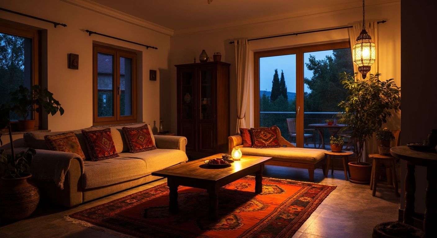 A warm Turkish living room softly illuminated by a glowing LED bulb, with a cozy sofa, a traditional kilim rug, and a wooden coffee table under its gentle light.