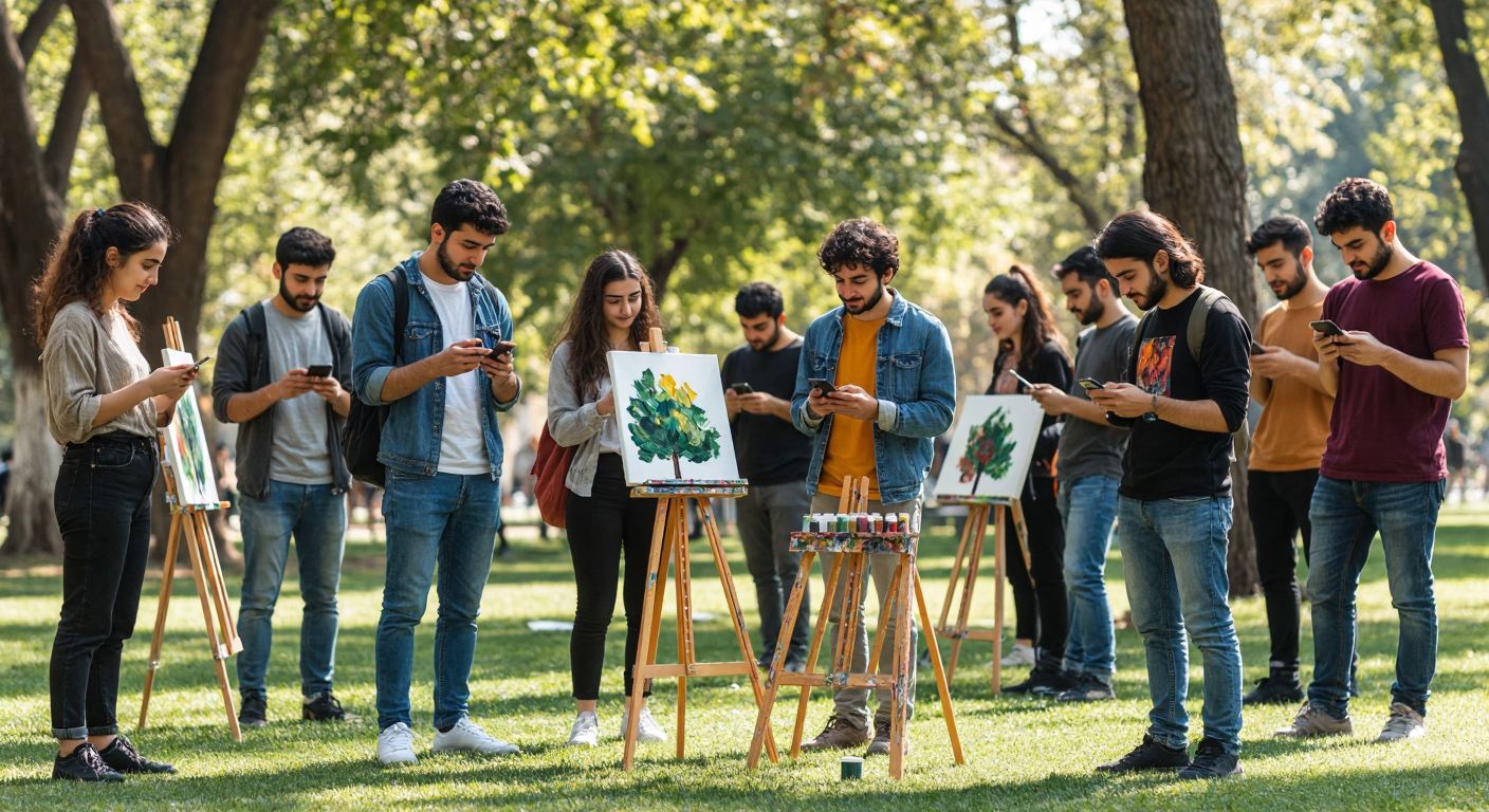 A group of diverse young Turkish people in casual urban attire, some holding smartphones while others paint on canvases or plant trees in a sunny park, embodying creativity, tech-savviness, and social awareness.