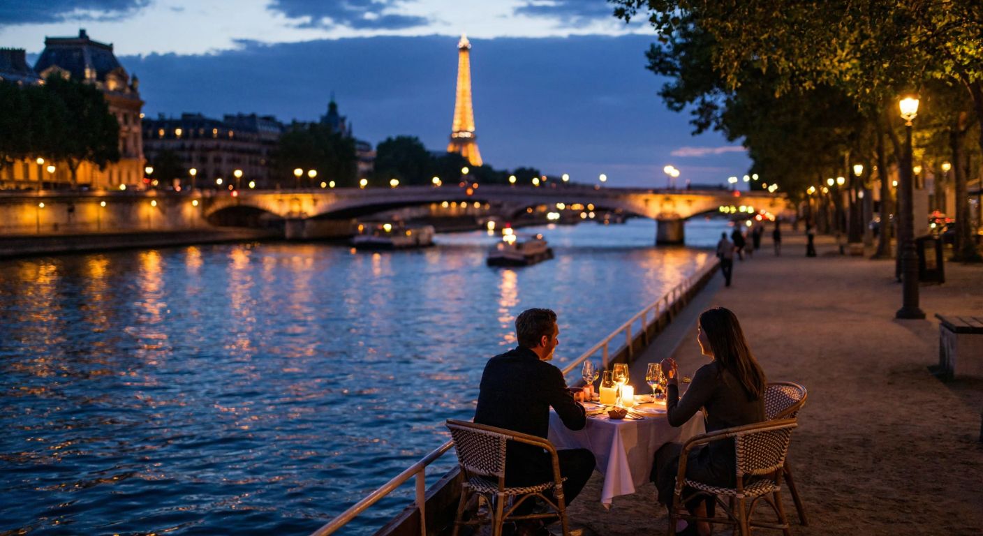 A romantic evening scene along the Seine River in Paris, with a couple dining at a candlelit table on a boat, the Eiffel Tower glowing in the background and soft reflections of city lights shimmering on the water.