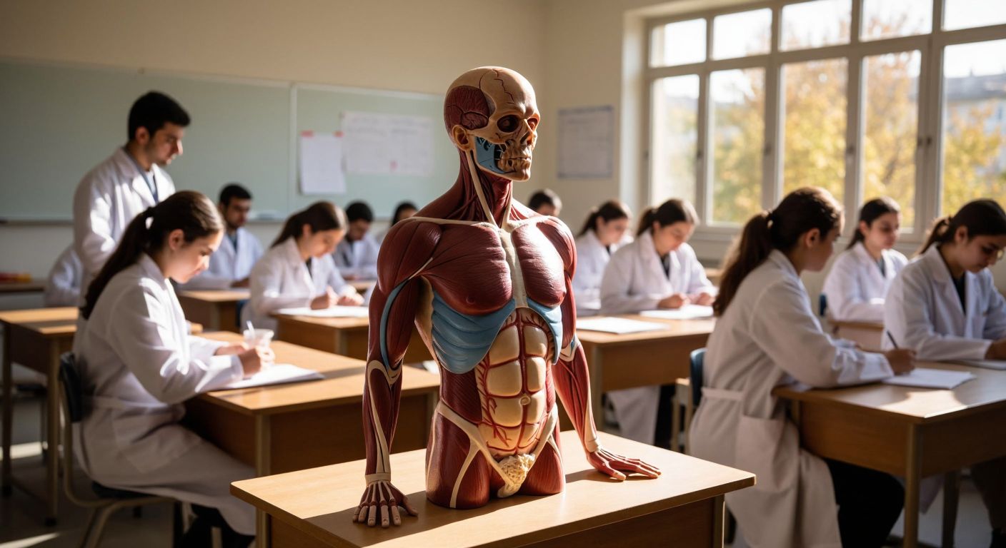 A detailed anatomical model of a human torso with labeled organs sits on a wooden desk in a sunlit Turkish classroom, surrounded by eager students in white lab coats.