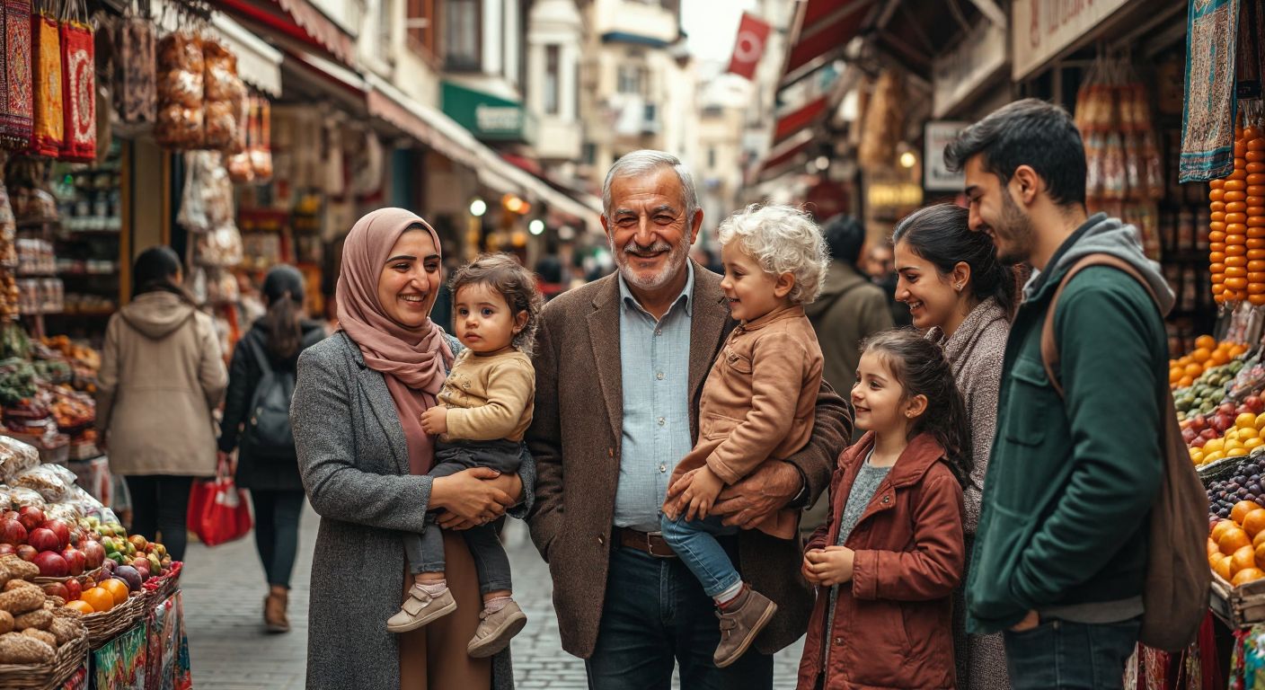 A diverse group of Turkish people of different ages, genders, and backgrounds standing in a vibrant marketplace, with a young mother holding a child, an elderly man smiling, and a young couple browsing, symbolizing demographic segmentation.