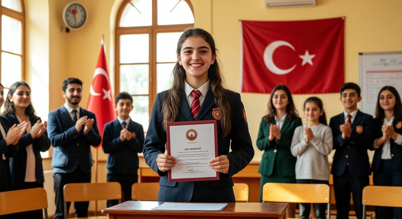 A proud Turkish student in a school uniform stands on a stage, smiling warmly as they hold a certificate while teachers and classmates applaud in a sunlit classroom with a Turkish flag in the background.