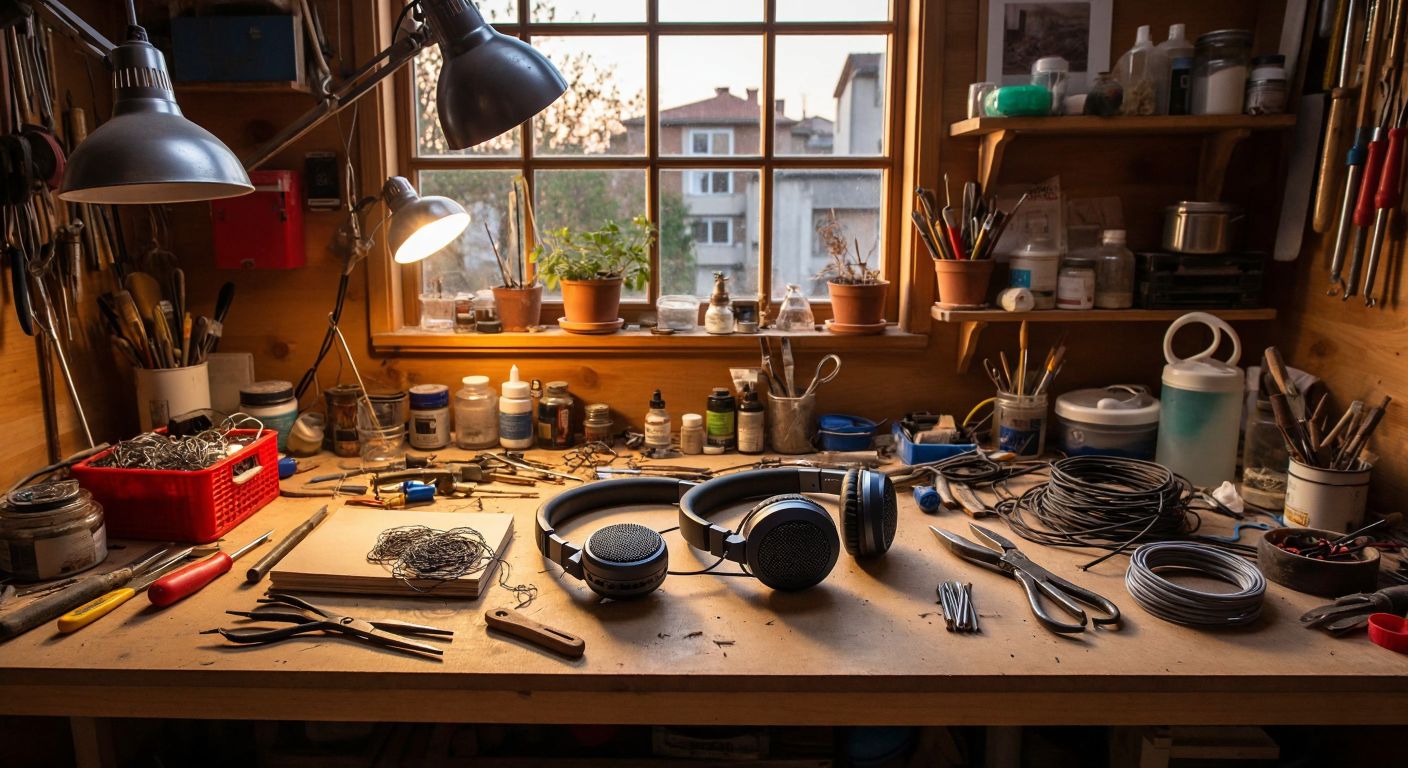 A cluttered wooden workbench in a cozy Turkish home, with old headphones being creatively repurposed into small speakers, a makeshift microphone, and delicate wire bracelets, surrounded by tools like pliers and foam, evoking resourcefulness and DIY spirit.