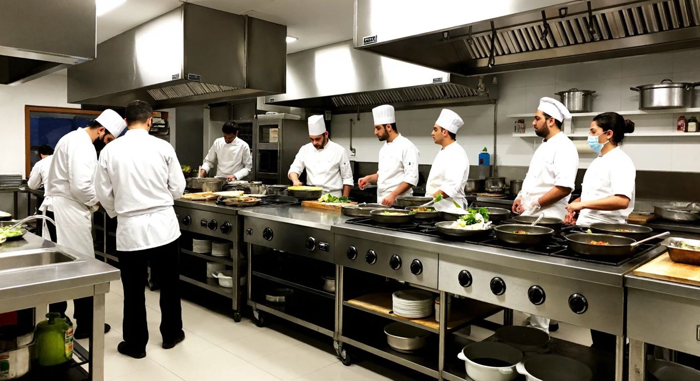 A bustling Turkish industrial kitchen with stainless steel equipment, chefs in white uniforms preparing dishes, and a professional team discussing a project layout.