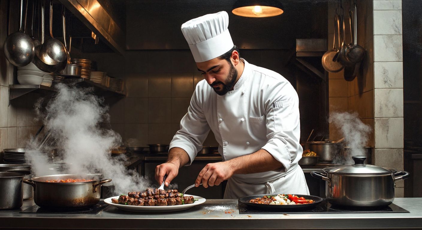 A confident Turkish sous chef in a bustling kitchen, wearing a crisp white uniform and a tall toque, expertly garnishing a plate of sizzling kebabs while a pot of boiling water steams nearby.