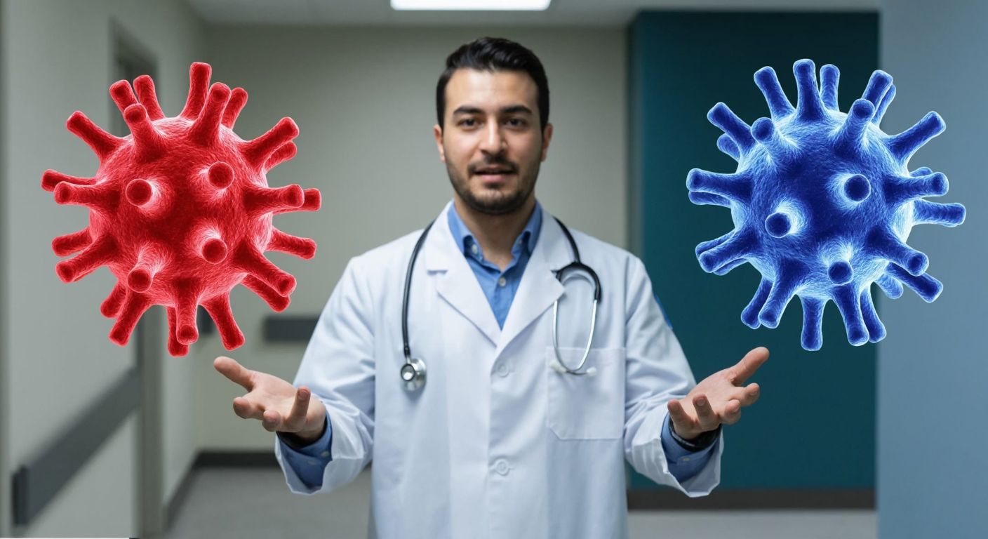A Turkish doctor in a white coat gestures with open hands toward two distinct, stylized virus models—one labeled SARS-CoV-1 (spiky red) and another labeled SARS-CoV-2 (spiky blue)—against a neutral clinic backdrop.  

*(Note: The description includes implied labels for clarity, but these would not be visually represented in the actual image.)*