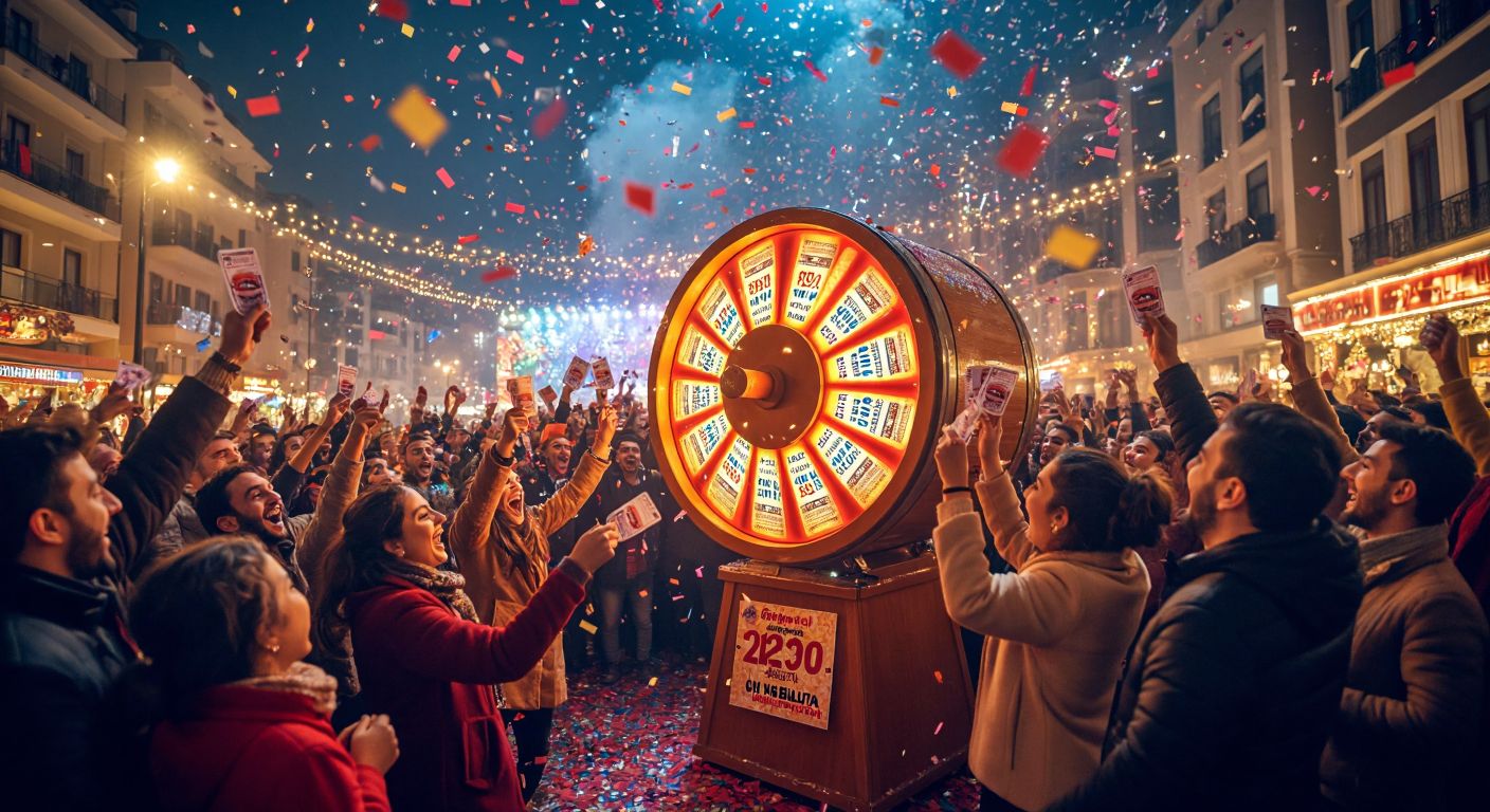 A festive New Year's Eve scene in Turkey with a glowing lottery drum, confetti in the air, and excited crowds holding quarter-sized lottery tickets in Bursa, Antalya, and İzmir, their faces lit with joy and anticipation.