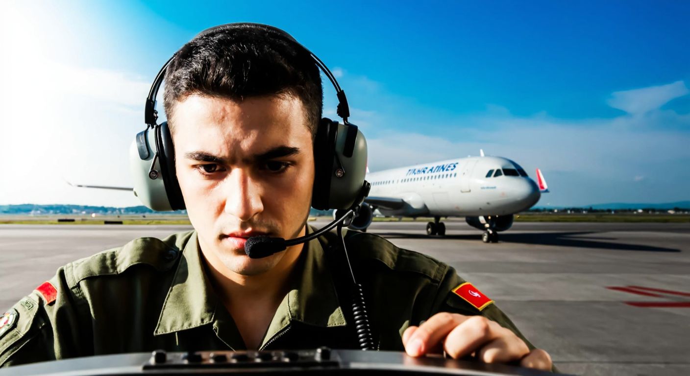 A determined young Turkish pilot candidate in a flight simulator, wearing a headset and focused intently on the controls, with a backdrop of a THY aircraft on a runway under a bright blue sky.