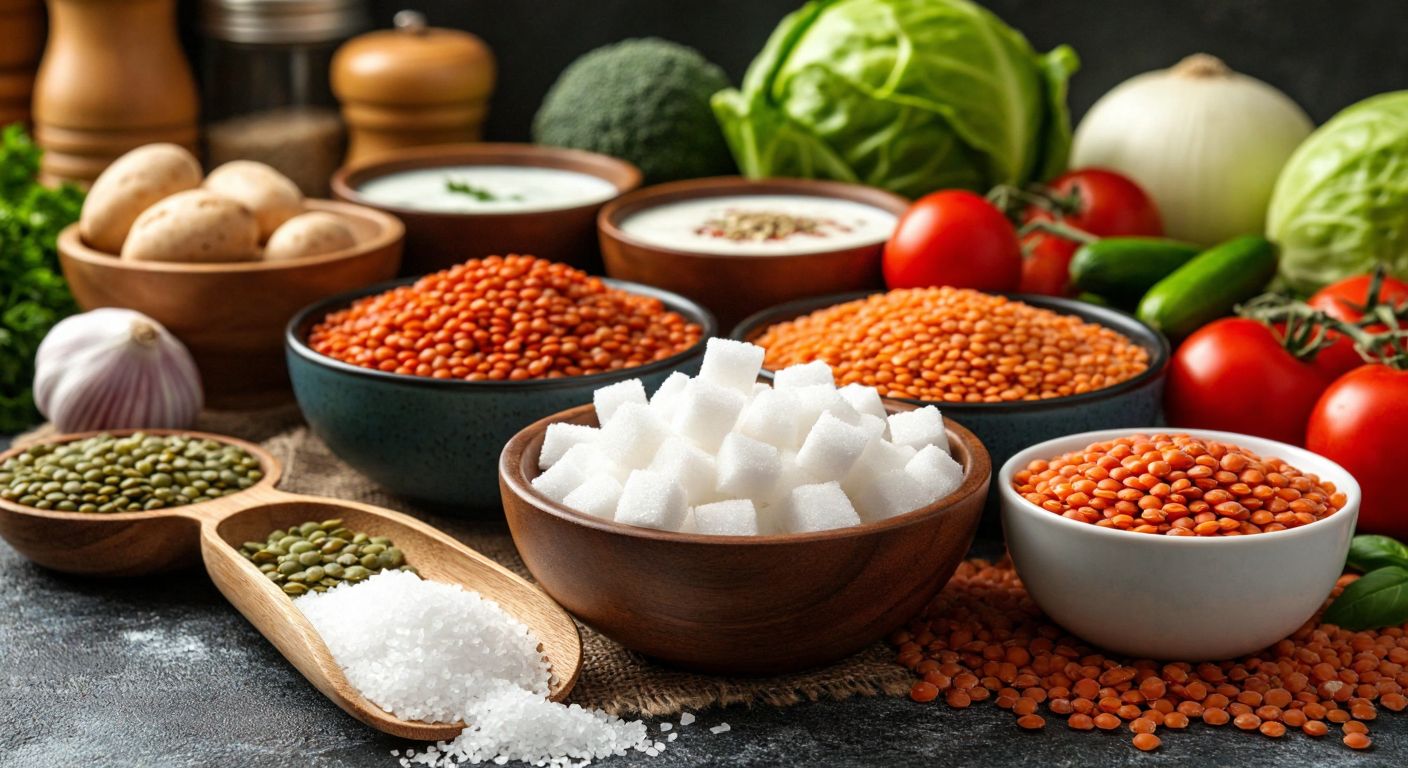 A Turkish kitchen counter with a bowl of sugar cubes next to a vibrant spread of fiber-rich foods like whole grains, yogurt, lentils, and fresh vegetables, conveying contrast between unhealthy and gut-friendly choices.