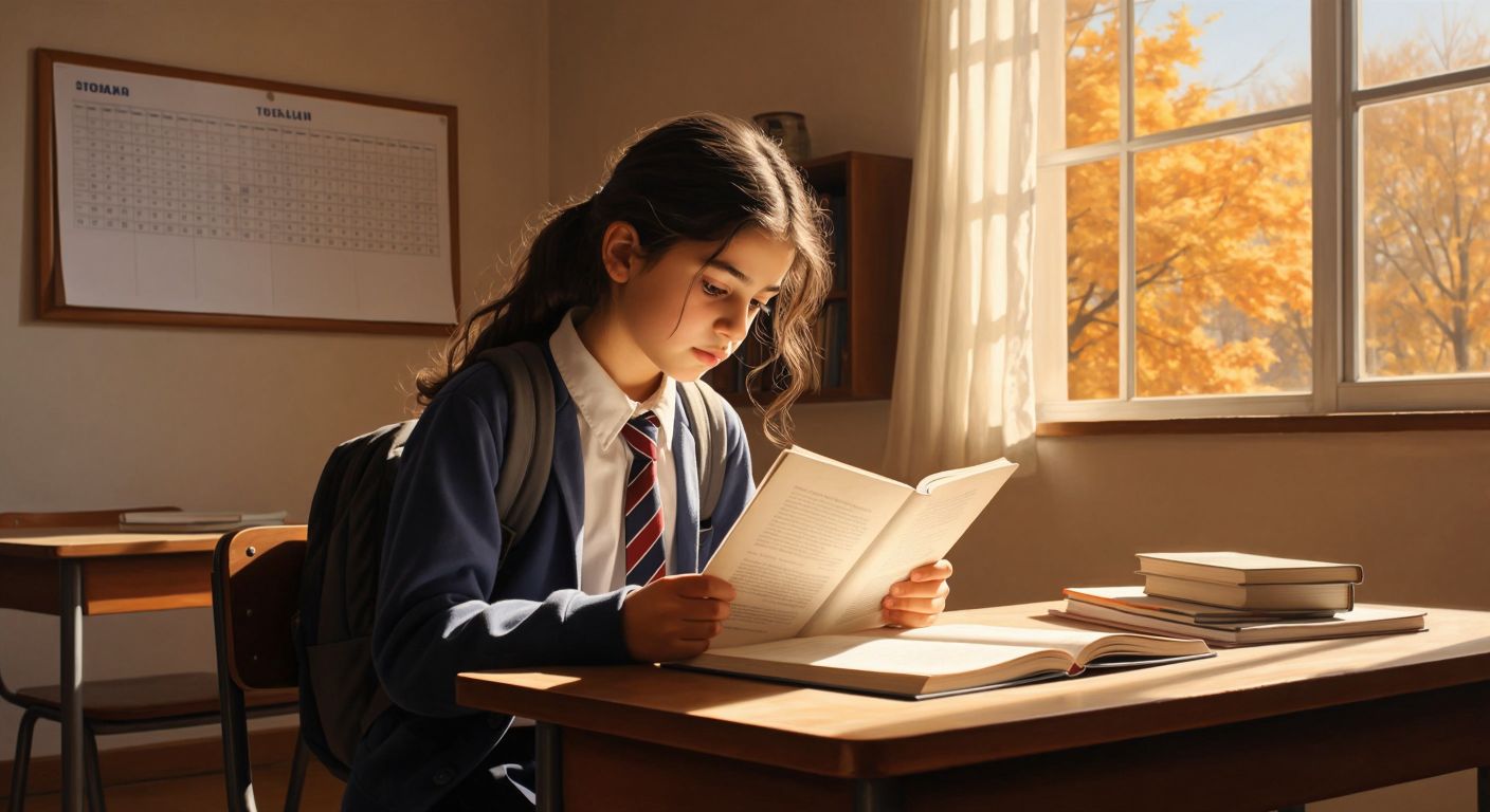 A young Turkish student in a school uniform sits at a wooden desk, anxiously flipping through a literature textbook while glancing at a blank calendar on the wall, with autumn sunlight streaming through the classroom window.