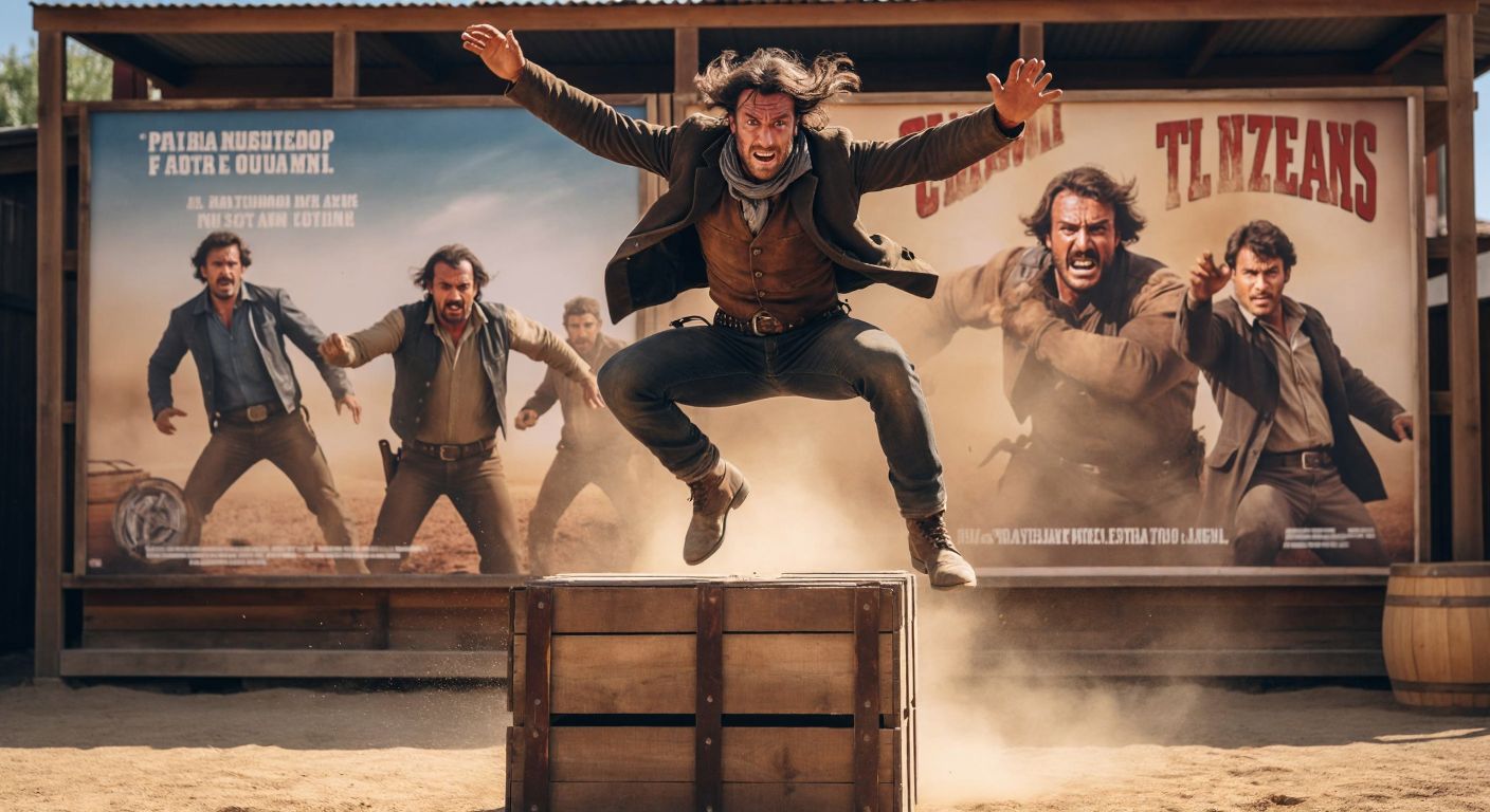 A rugged Italian stuntman in a dusty Western film set, performing a daring acrobatic leap over a wooden crate, with a backdrop of Turkish movie posters featuring action scenes.