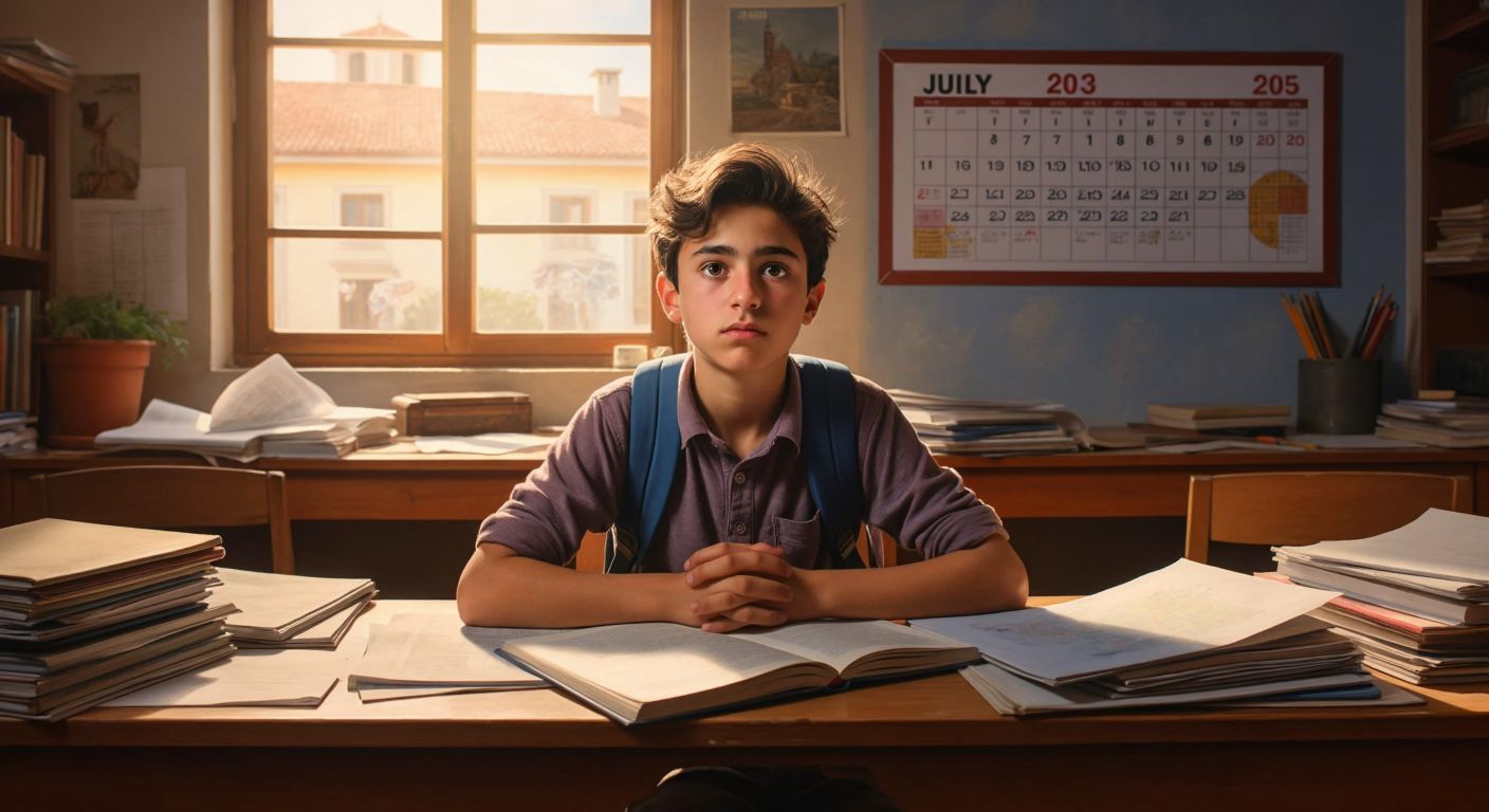 A young student in Turkey sits at a wooden desk with a hopeful but uncertain expression, surrounded by scattered study papers and a closed book, while a calendar on the wall shows the month of July 2025.
