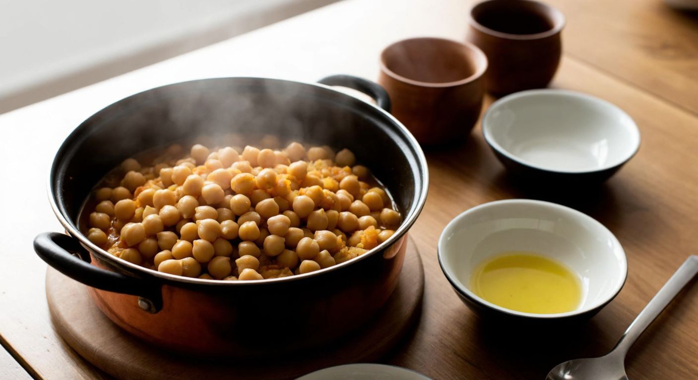 A warm Turkish kitchen scene with a steaming pot of boiled chickpeas on a wooden table, surrounded by three small bowls and a spoon, evoking a cozy, home-cooked meal shared among family.