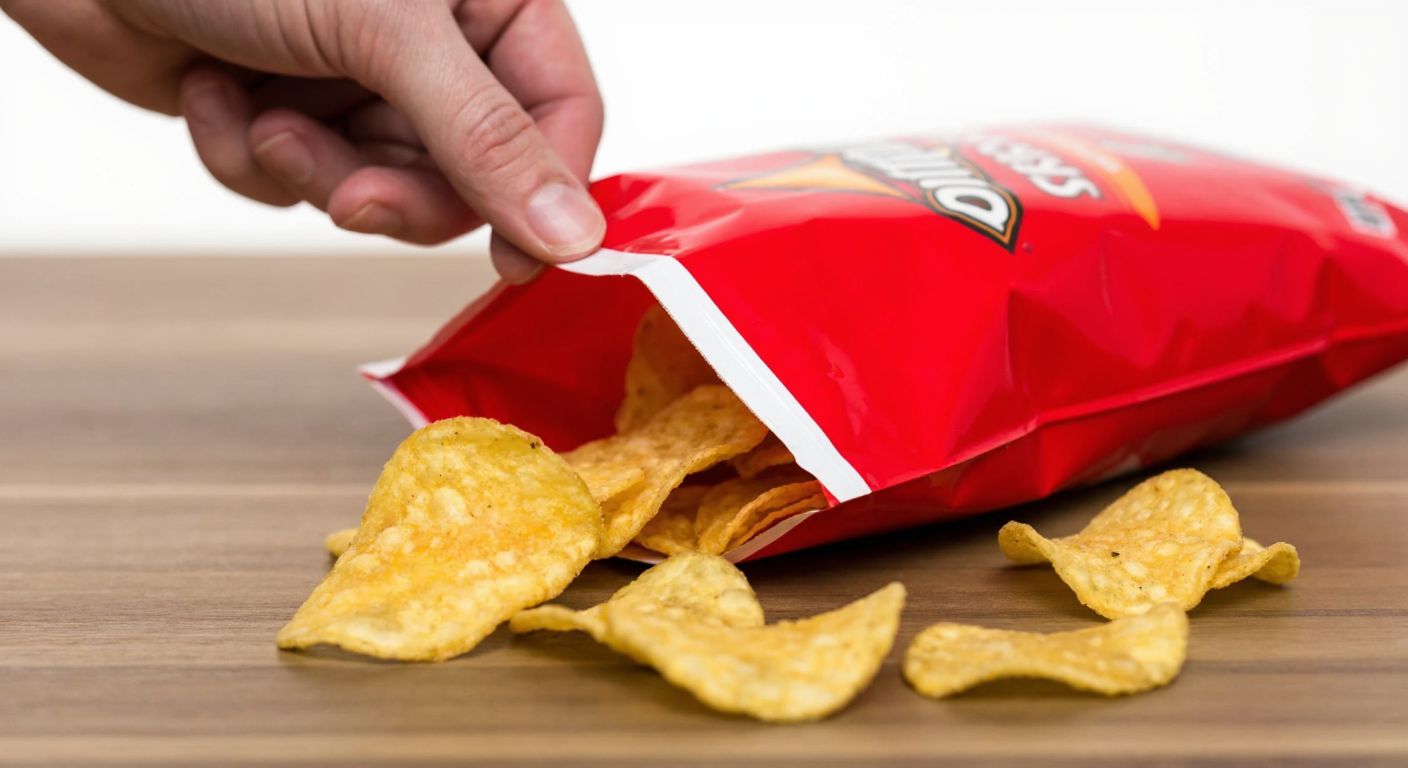 A close-up of a bright red Doritos bag with a person’s fingers carefully peeling open the inner lining to reveal a hidden white strip, while a few scattered chips spill onto a wooden table.