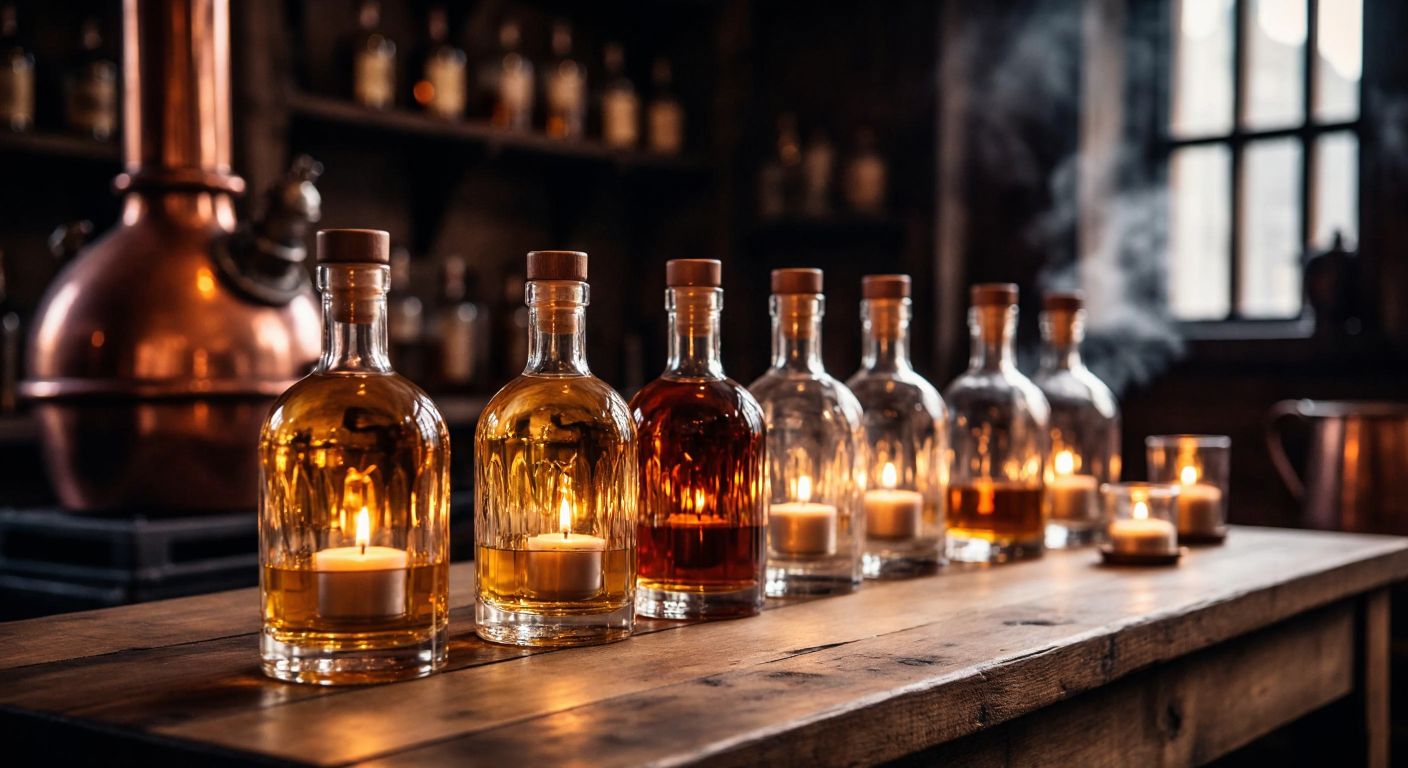 A rustic wooden table in a dimly lit tavern holds a row of crystal-clear glass bottles filled with amber, gold, and clear spirits, each reflecting warm candlelight, with a copper still steaming faintly in the background.