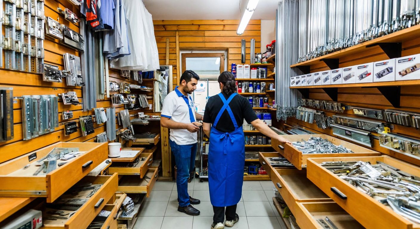 A bustling hardware store in Istanbul with wooden shelves filled with furniture hinges, drawer slides, and construction tools, while a shopkeeper in a blue apron assists a customer examining a drawer mechanism.