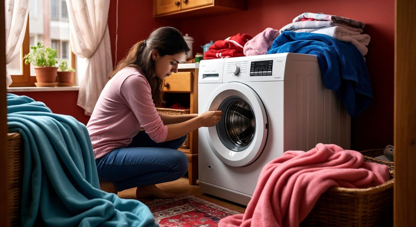A person in a Turkish home carefully adjusts the temperature dial on a Bosch washing machine while colorful laundry piles sit nearby.