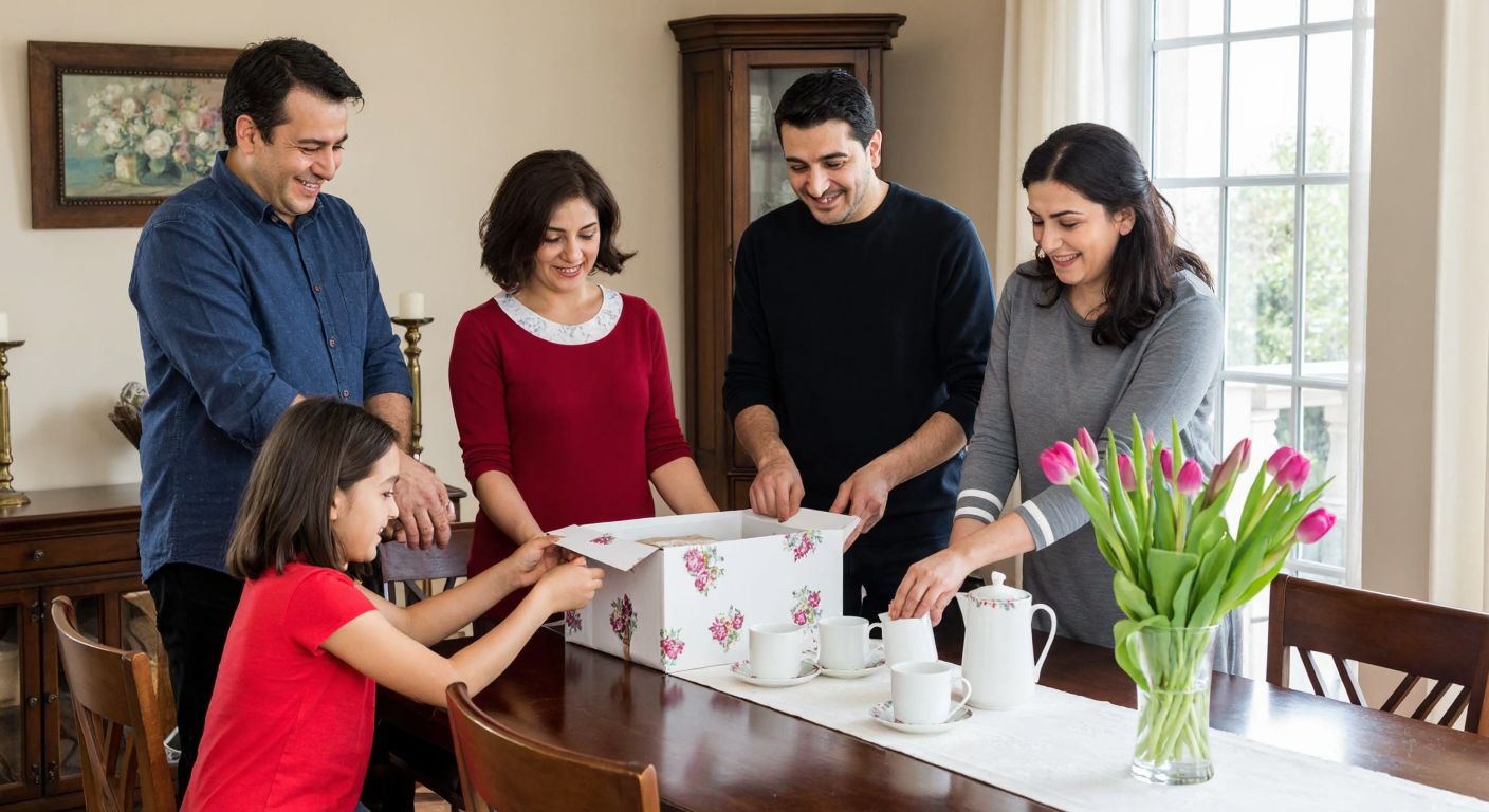 A warm Turkish family of six gathered around a wooden dining table, smiling as they unpack a beautifully wrapped gift box containing a porcelain breakfast set with floral patterns, surrounded by decorative pillows and a vase of fresh tulips.