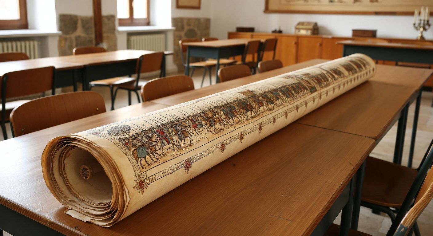 A long, horizontal parchment scroll unfurled on a wooden classroom table in Turkey, with hand-drawn illustrations of historical events like the Battle of Manzikert and the founding of the Ottoman Empire, connected by a winding timeline marked with small Ottoman-style motifs.