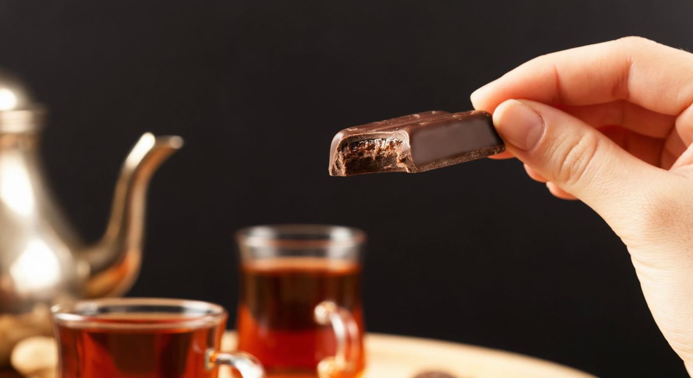 A hand holding a small, unwrapped piece of dark chocolate (Eti Karam) against a blurred background of a Turkish kitchen with a teapot and traditional tea glasses nearby, conveying curiosity and indulgence.