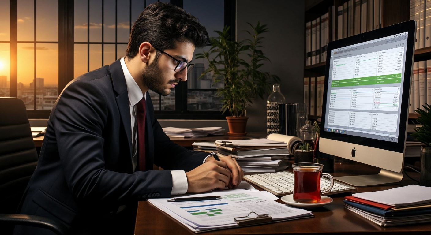 A Turkish office worker in a modern business setting intently studies an Excel spreadsheet on a computer screen, surrounded by stacks of insurance documents and a steaming cup of Turkish tea.
