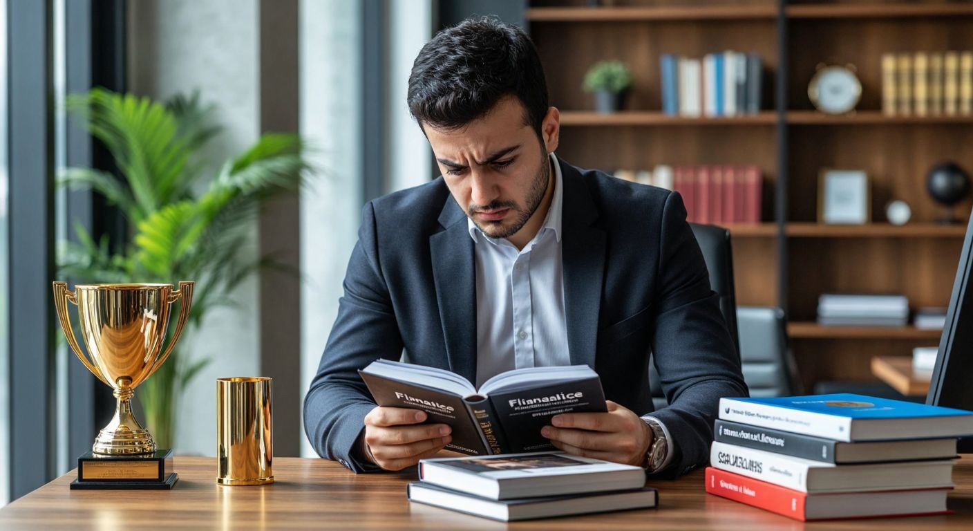 A Turkish businessperson in a modern office carefully examining a finance book from Scala Yayıncılık, with a slight frown of concern while stacks of other economics books and a prestigious award trophy sit on the wooden desk beside them.