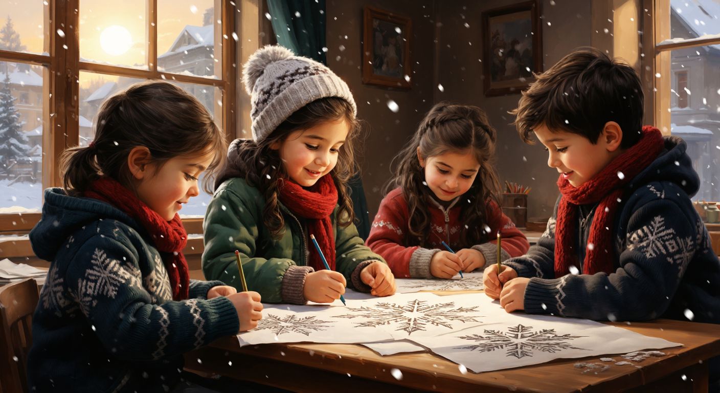 A group of young children in a cozy Turkish classroom, bundled in winter sweaters, happily coloring intricate snowflake designs on paper while snow falls gently outside the frosted window.