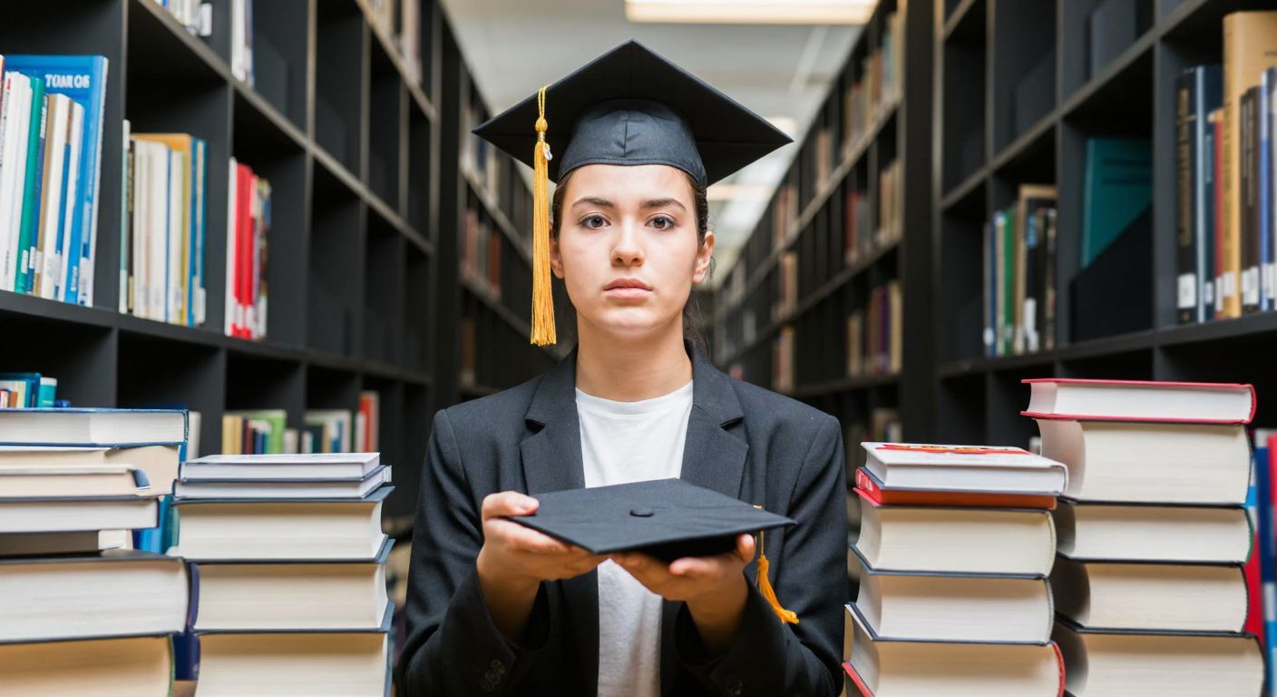 A young student in a modern Turkish university library, surrounded by stacks of books and looking determined while holding a graduation cap, with a calendar subtly blending into the background.