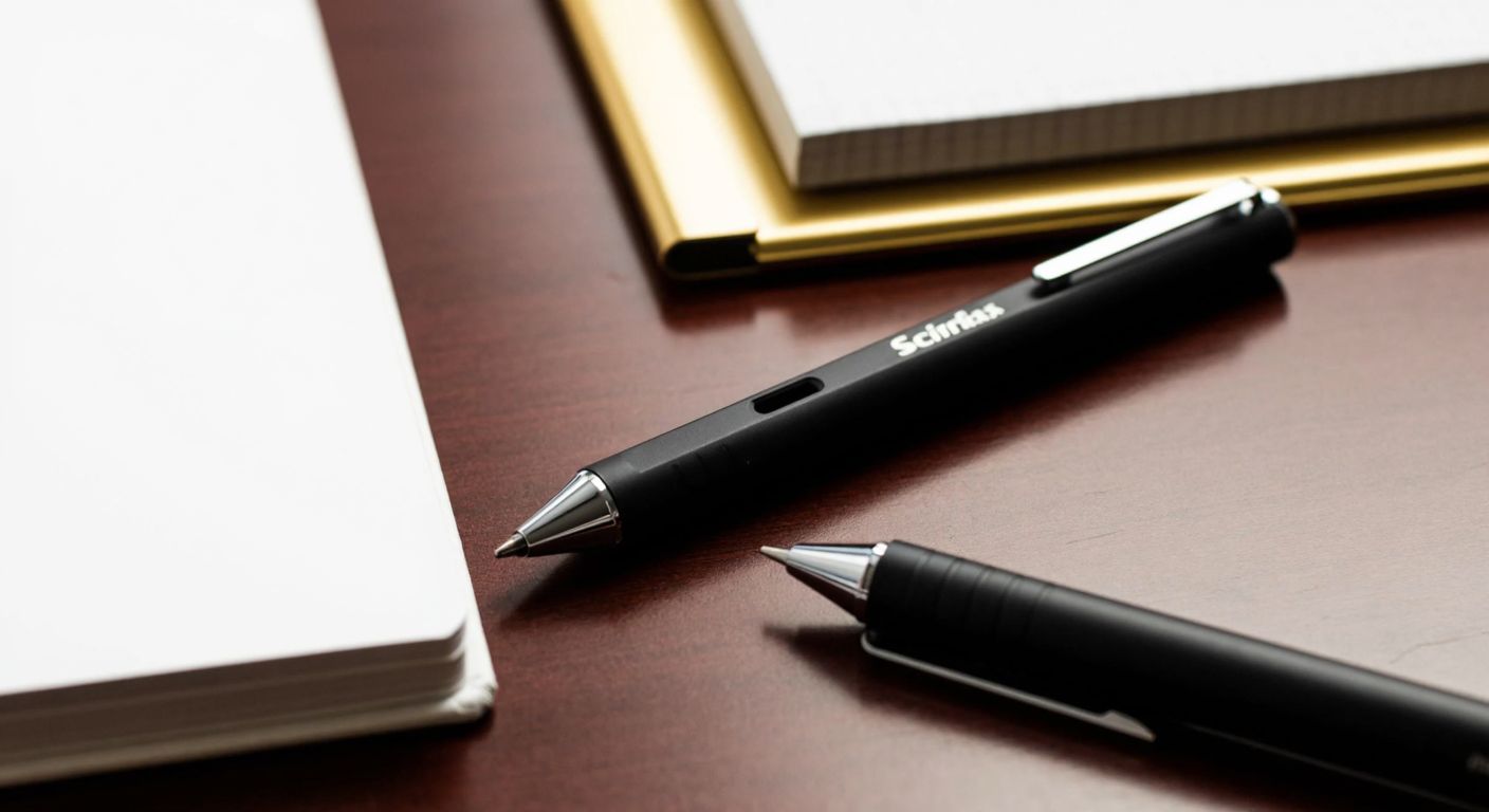A sleek black Scrikss Graph-X mechanical pencil rests on a wooden desk, with a focused laser beam etching a name onto its metallic surface, casting a faint glow against a backdrop of neatly arranged stationery.