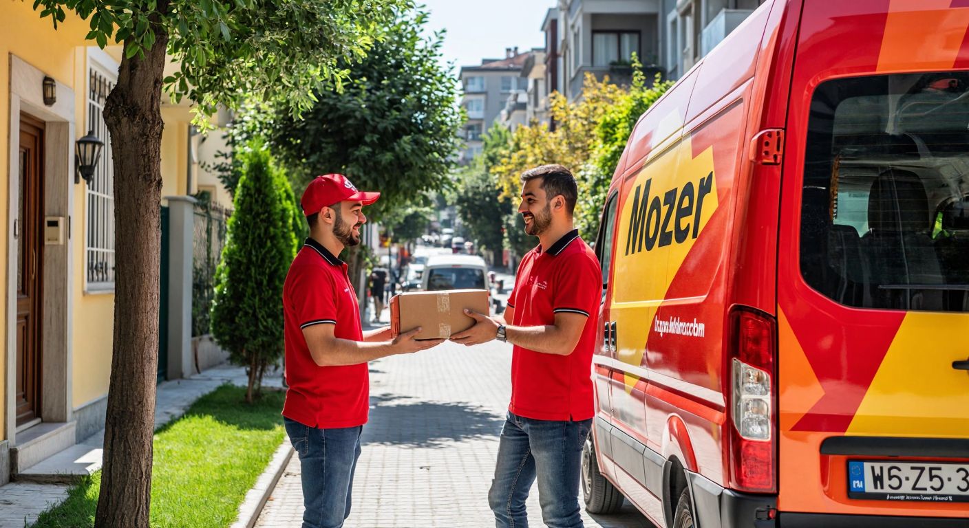 A smiling courier in a red uniform hands a package to a relieved customer at their doorstep, with a colorful Mozerr-branded delivery van parked nearby on a sunny street in Istanbul.