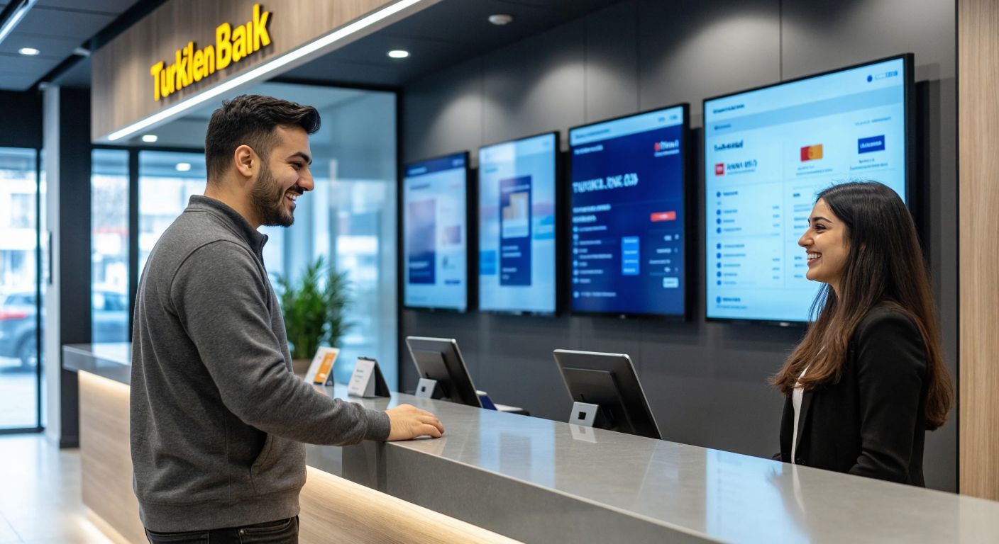 A modern Turkish bank branch with a sleek glass facade, where a smiling customer in casual attire interacts with a friendly bank employee behind a polished counter, surrounded by digital screens displaying financial services.