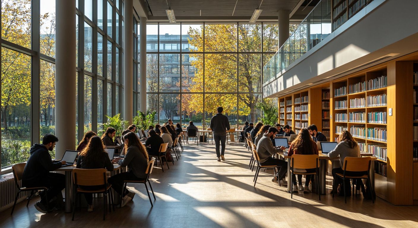 A modern university campus in Istanbul with students attentively using laptops in a sunlit library, while a professor guides them through an online learning platform.