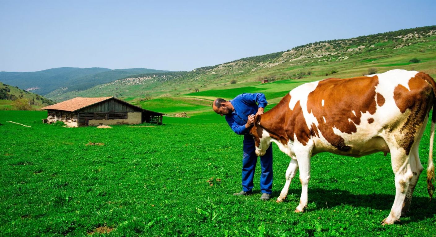 A Turkish farmer in a green field gently milking a brown-and-white cow, with rolling hills and a wooden barn in the background.