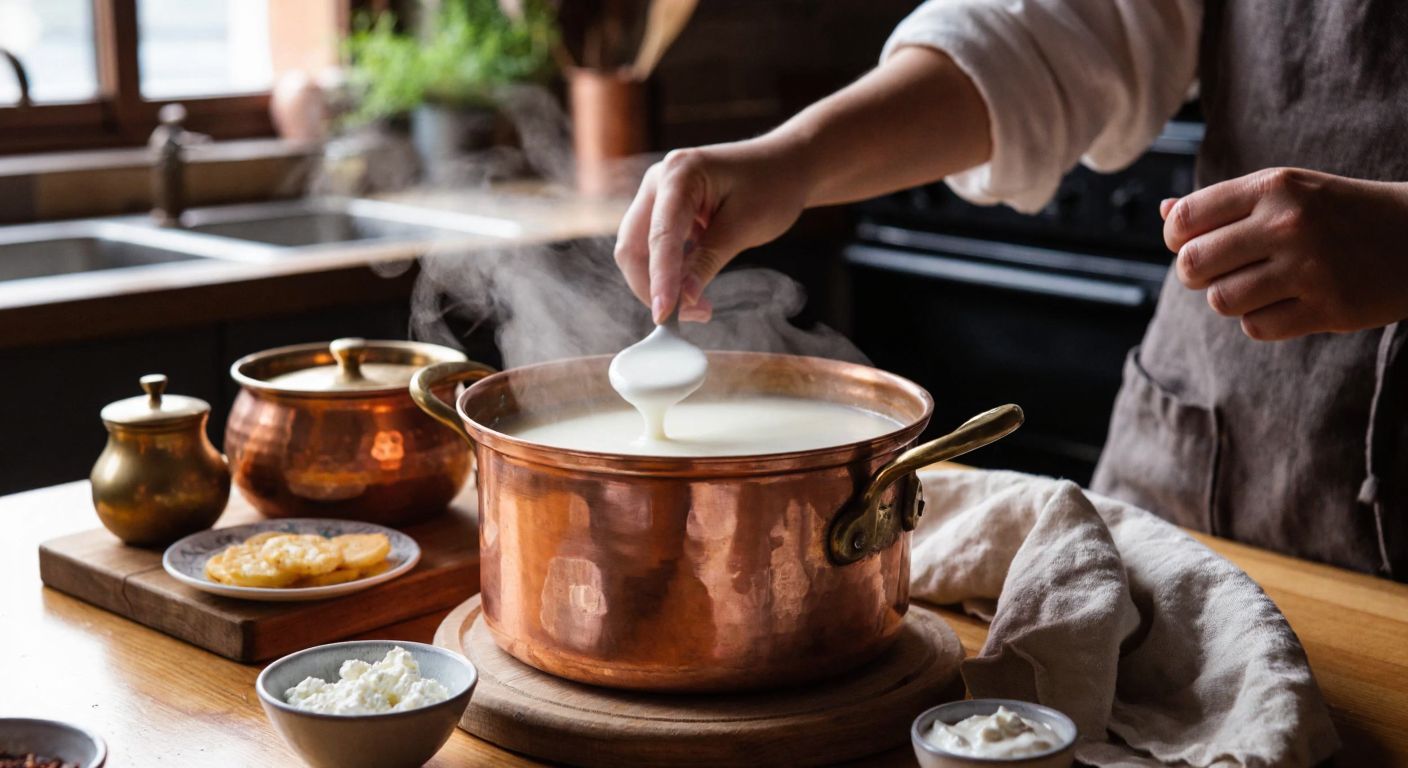 A warm Turkish kitchen with a copper pot of steaming milk on a wooden table, a woman’s hand testing the temperature by dipping her finger in, surrounded by fresh yogurt starter and a cozy cloth covering the pot for fermentation.