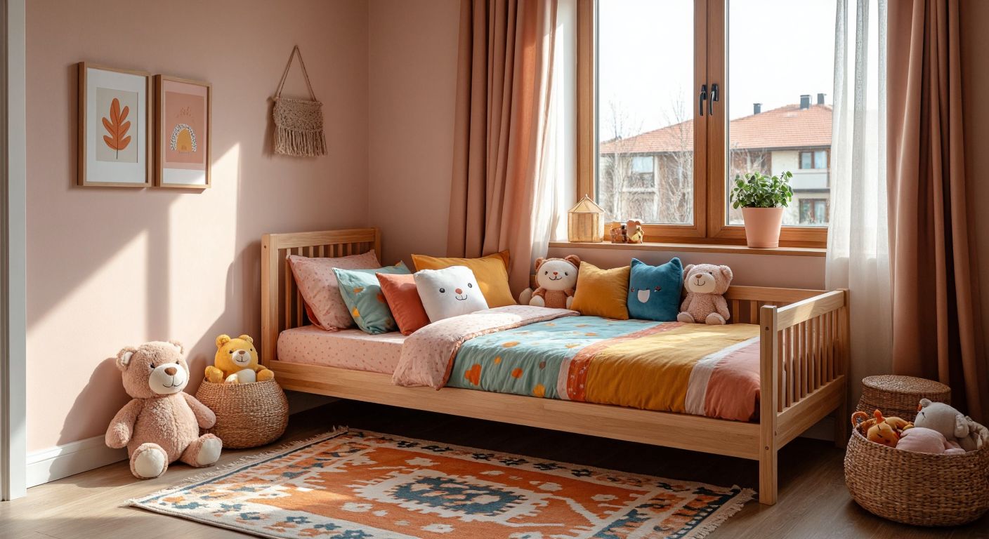 A cozy Turkish child's bedroom with a wooden-framed bed in varying sizes—small for a toddler with plush toys, medium for a school-aged child with colorful bedding, and large for a teenager with minimalist decor—all set against warm pastel walls and a patterned rug.